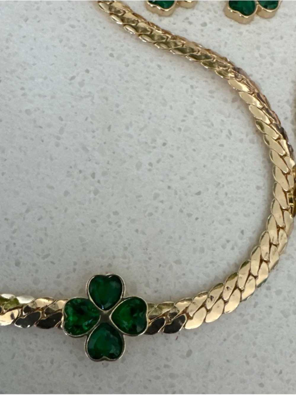 Gold-Tone Necklace and Bracelet Set with Green Clover Accents